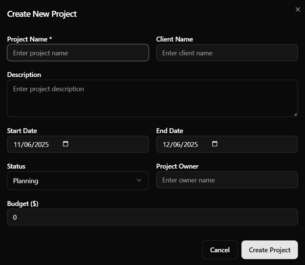 Create new project form with fields for client, dates, status, owner and budget