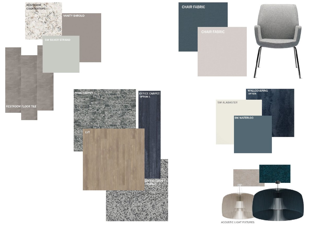 Finish and furniture board with carpet, wood, stone and fabric samples