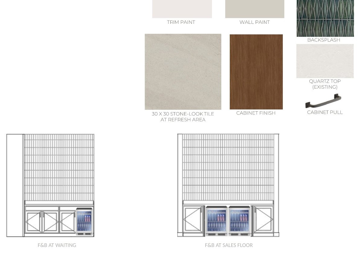 Finish samples and elevations for the food and beverage counters