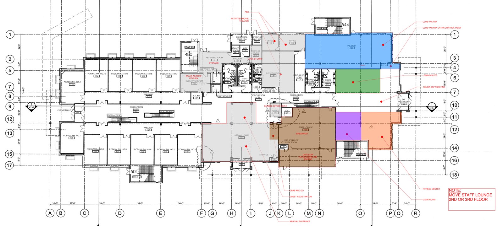 Color-coded first floor plan of the amenities building showing renovation phases