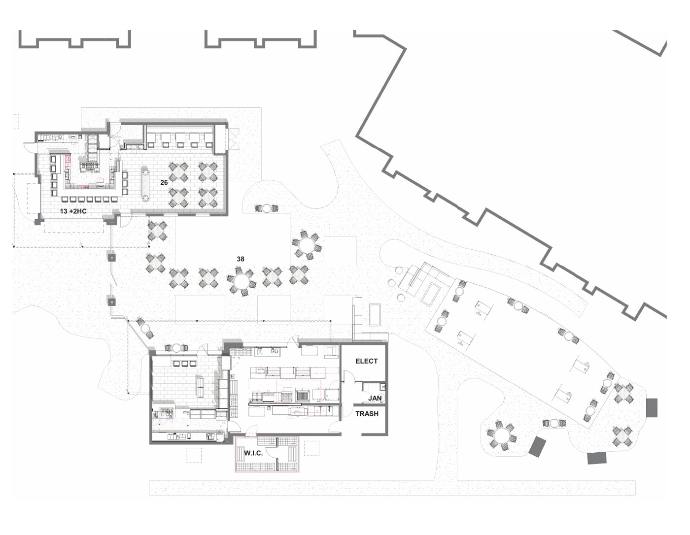 Design development plan of the bistro, service kitchen and pool bar and grill